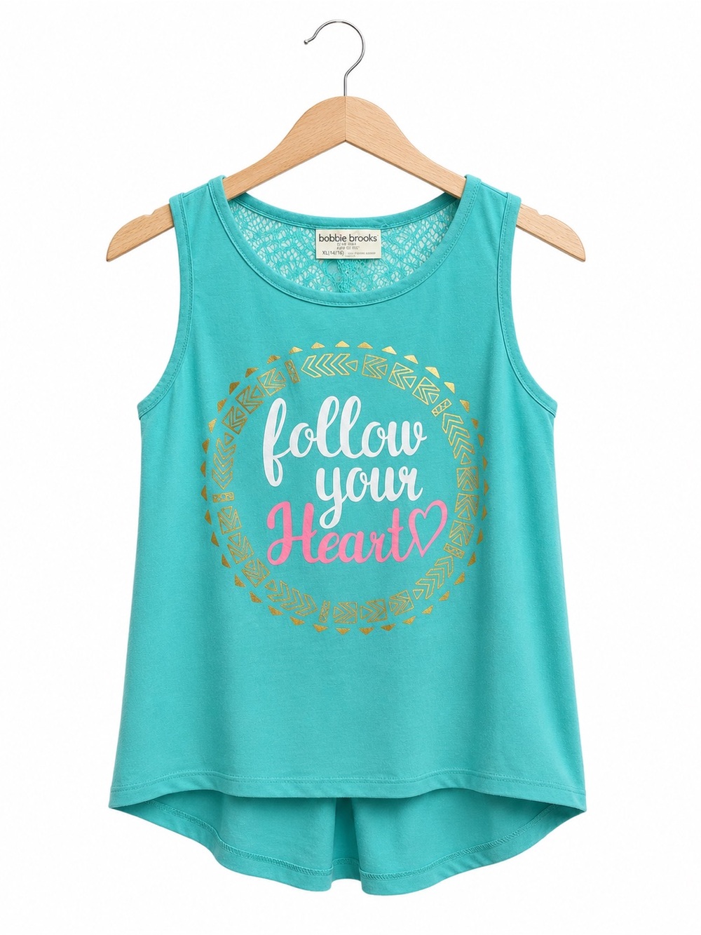 Bobbie Brooks Girls Follow Your Heart Tank Crochet Back High Low Top XL 14 16